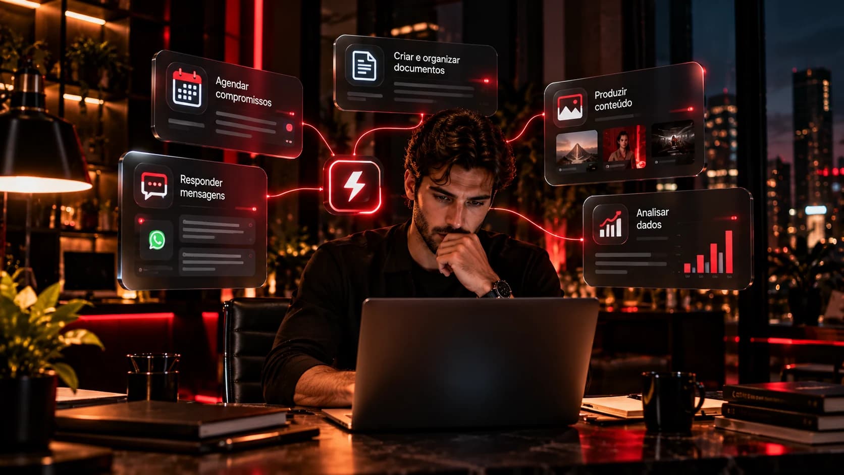 Profissional em mesa de trabalho conectado a múltiplos fluxos digitais de tarefas e automação