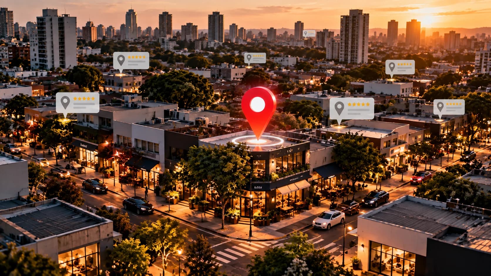 Vista aérea de centro urbano comercial com pin de localização destacando empresa nas buscas locais