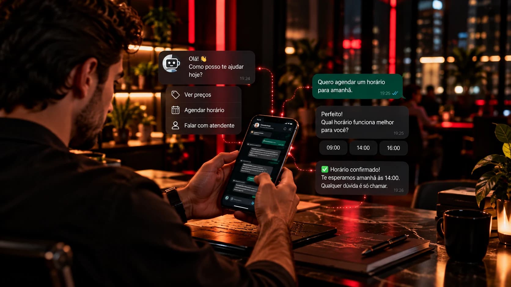 Atendente acompanhando fluxo automatizado de mensagens e atendimento digital para clientes locais