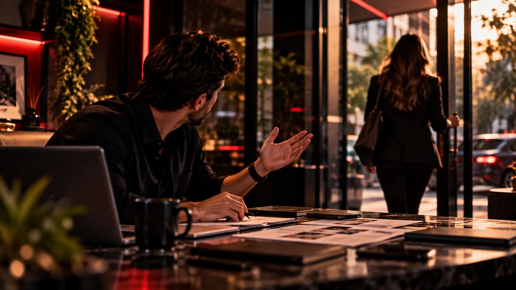 Profissional de atendimento observando o afastamento de uma potencial cliente após interação comercial