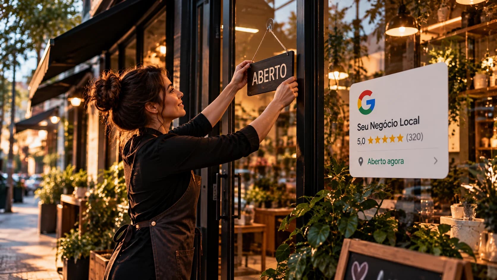 Proprietária organizando a entrada de estabelecimento comercial local com elementos conceituais de presença digital