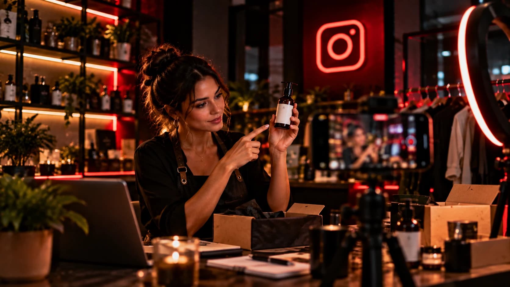 Empreendedora gravando demonstração de produto em seu estabelecimento com smartphone e iluminação de estúdio