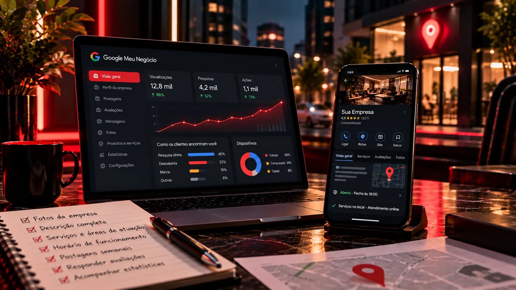 Otimização de perfil de empresa no Google com informações de endereço, horários de atendimento e avaliações locais
