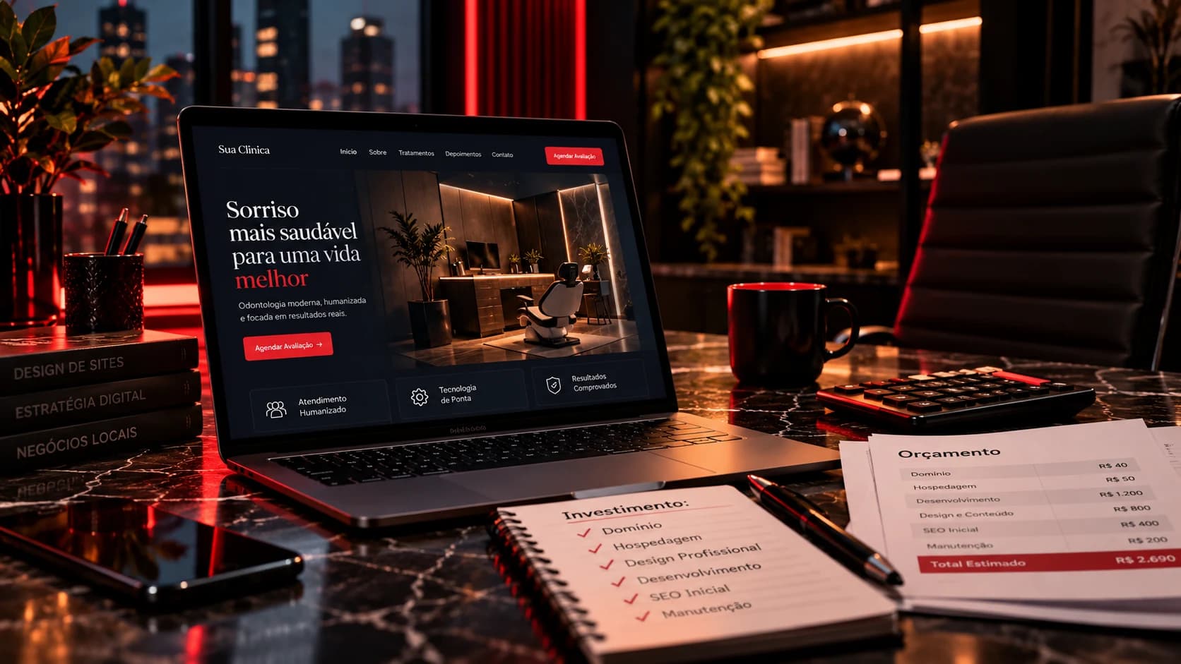 Interface de desenvolvimento de site em WordPress com elementos de orçamento e precificação digital