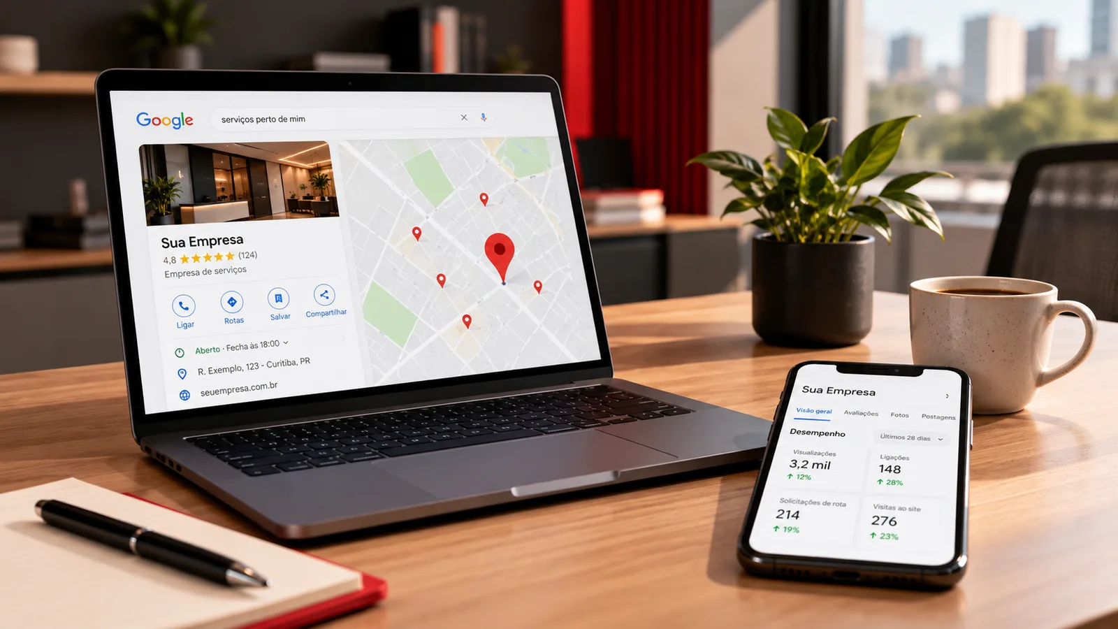 Notebook exibindo um perfil de empresa no Google Maps e smartphone com métricas de desempenho.